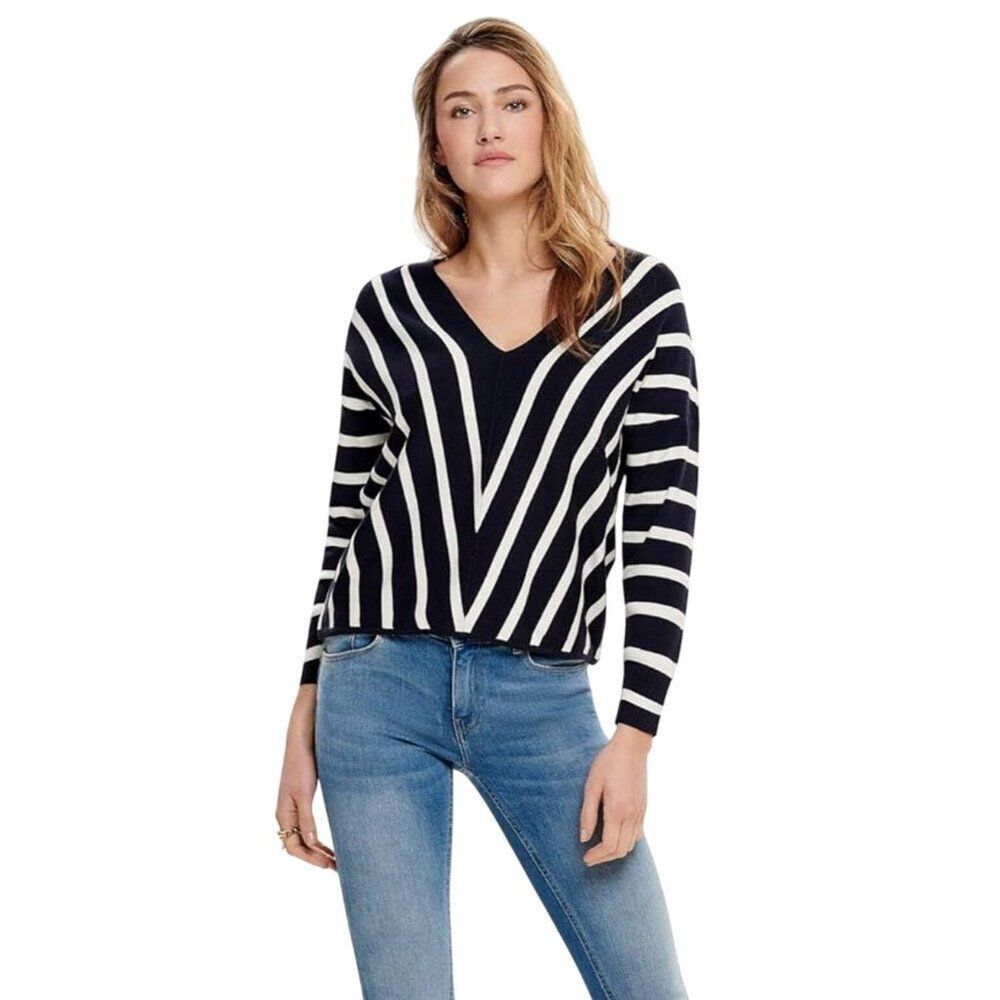 NWT ONLY Denmark 7/8 Sleeves V-Neck Pullover Noos Sweater XS Stripe ASOS Preppy